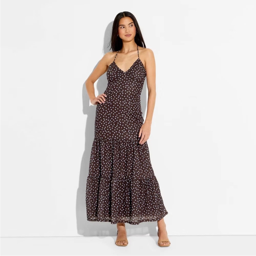 Women's Maxi Triangle Halter Dress - Wild Fable Brown Polka Dots L - Picture 2 of 3